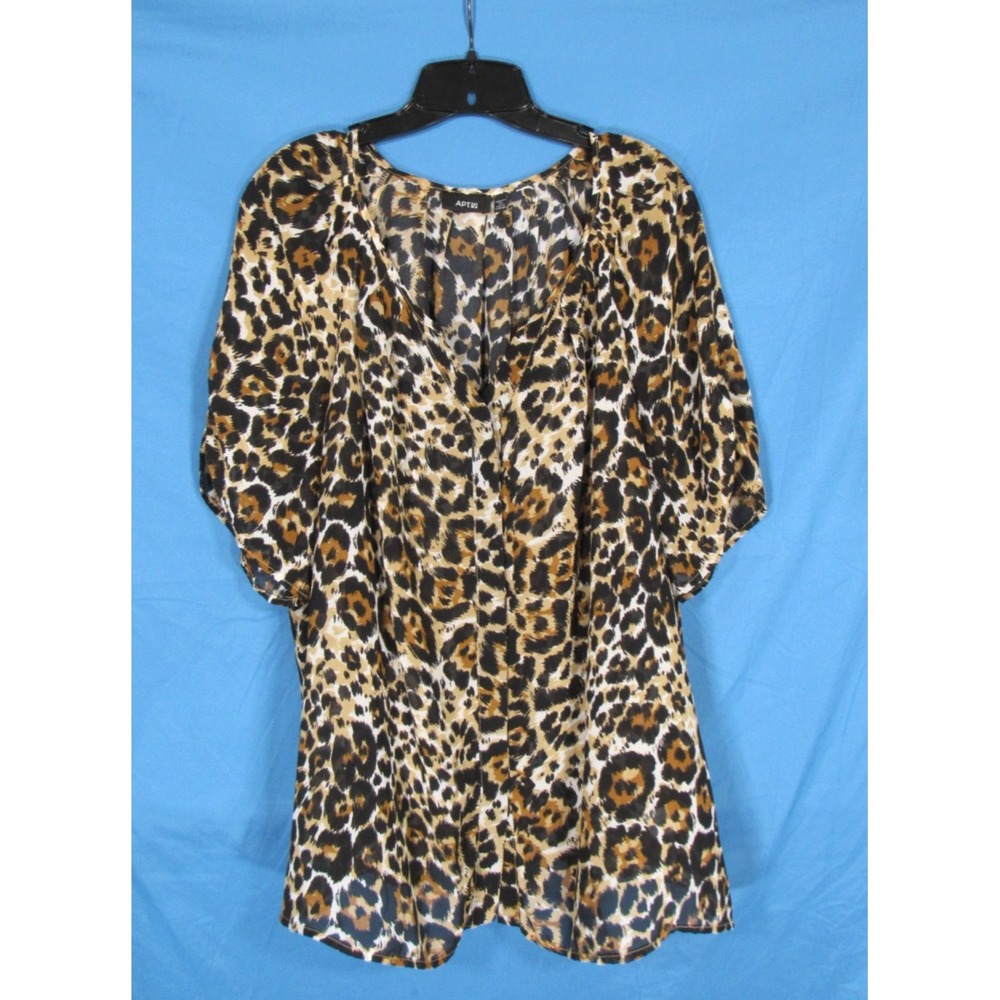 APT. 9 Brown/Multi LEOPARD PRINT Button-Up CHIFFON V-Neck BLOUSE/TOP Sz 2X